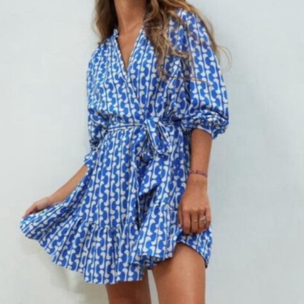 Zara Blue & White Chain Print Wrap Dress Long Sleeve Mini
